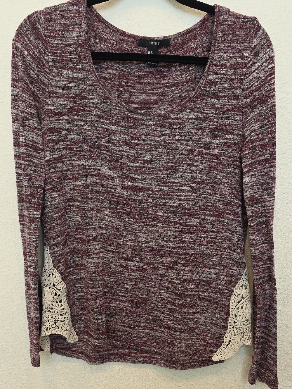 Forever 21 Marled Burgundy Knit Long Sleeve Top with Cream Crochet Side Panels